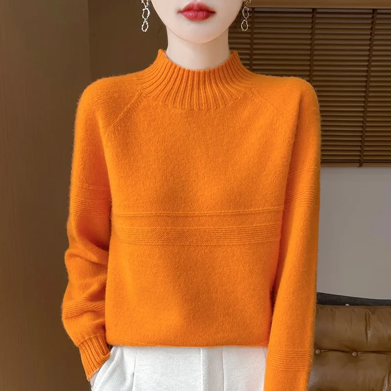 High End Women's Pullover Semi High Neck 100% Australian Wool Thick Jacquard Knitted Sweater Long Sleeved Autumn Winter Newstyle