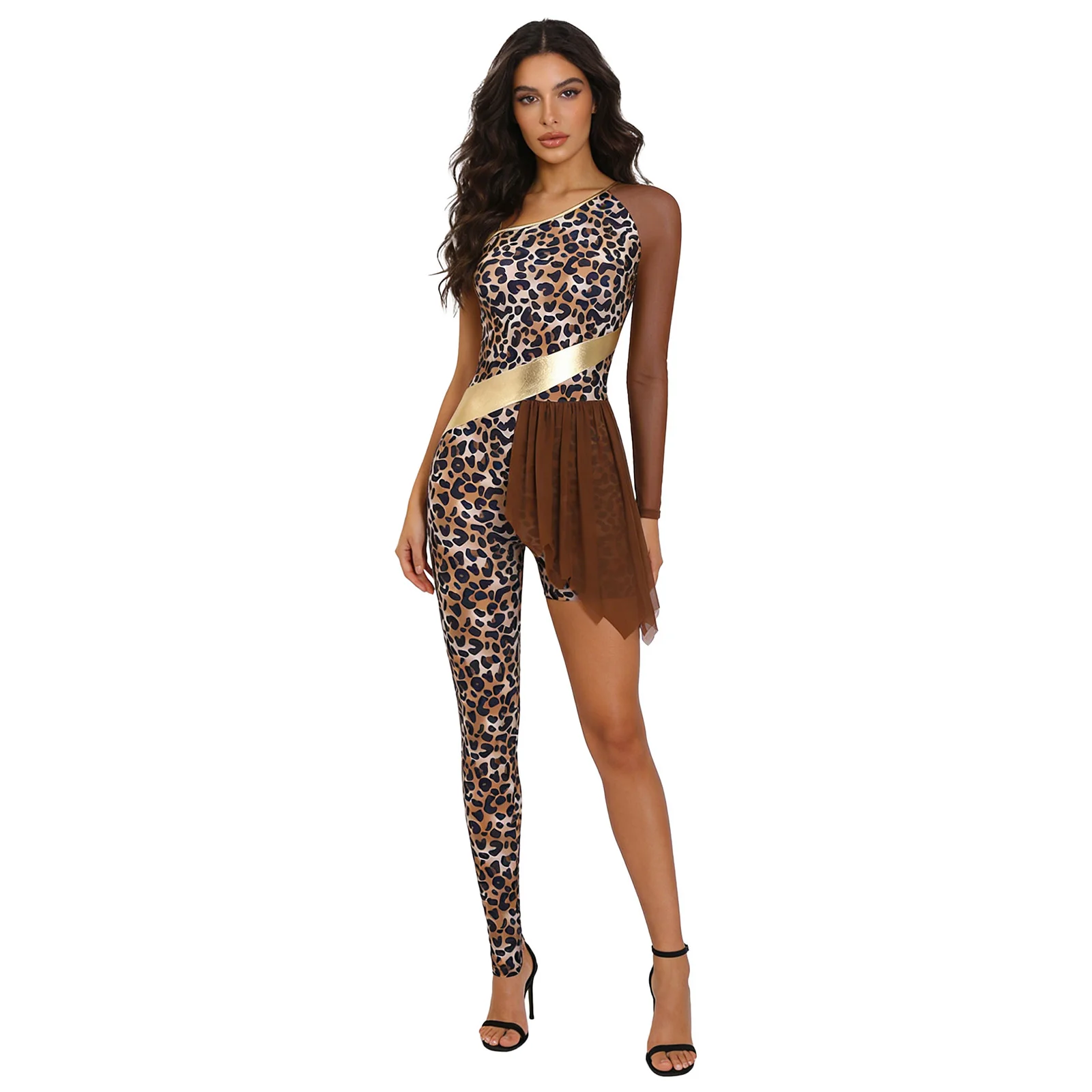 

Womens Cave Costume Ballet Gymnastics Leotards Dance Asymmetrical Leopard Gym Jumpsuit for Halloween Stage Performance Clothes