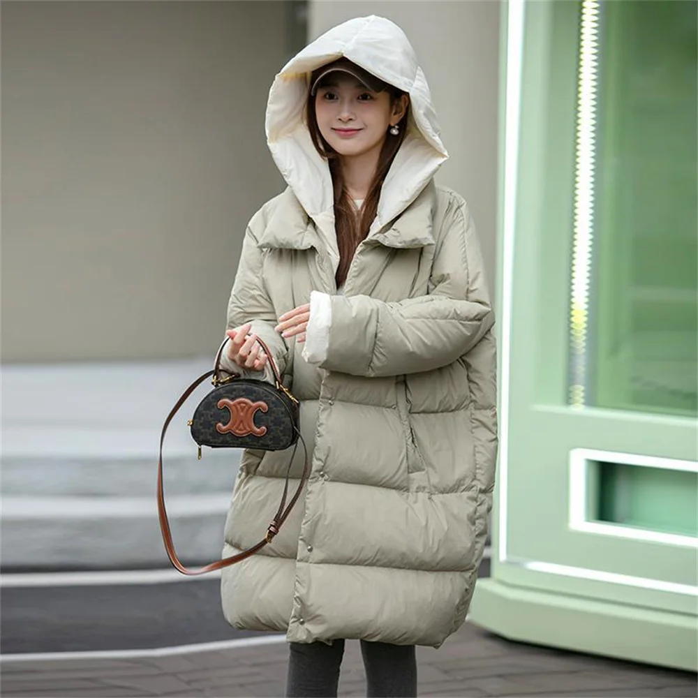 Korean Version of Medium Length Down Jacket for Women, Thickened and Loose, With a High-end feel. Pop Up Street White Duck Down