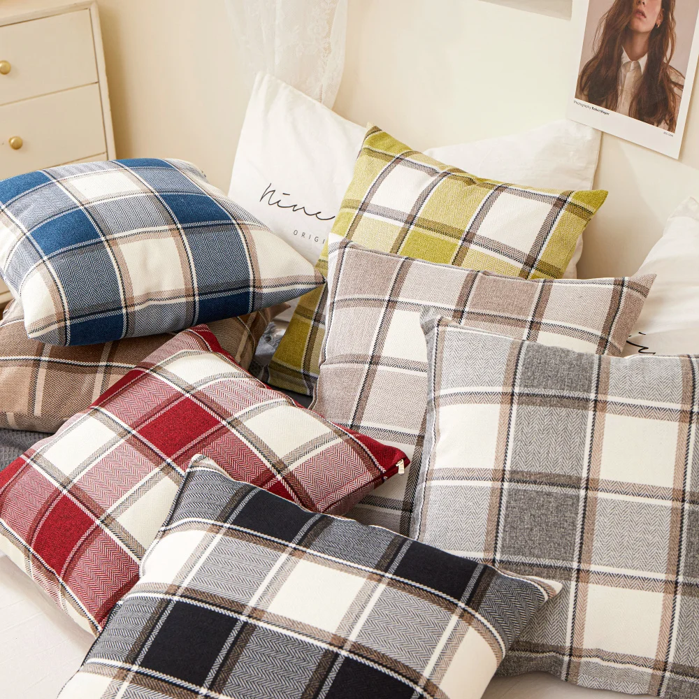 Cotton Linen Square Check Pillowcase Double-Sided Printed Pastoral Scottish Style Cushion Cover Sofa Car Home Decoration 45x45cm