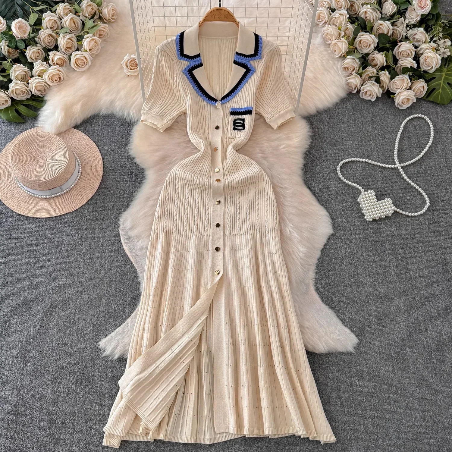 

Spring Summer New Elegant Embroidery Notched Knitted Maxi Dress French Style White Black Single-breasted Split Sweater Dresses