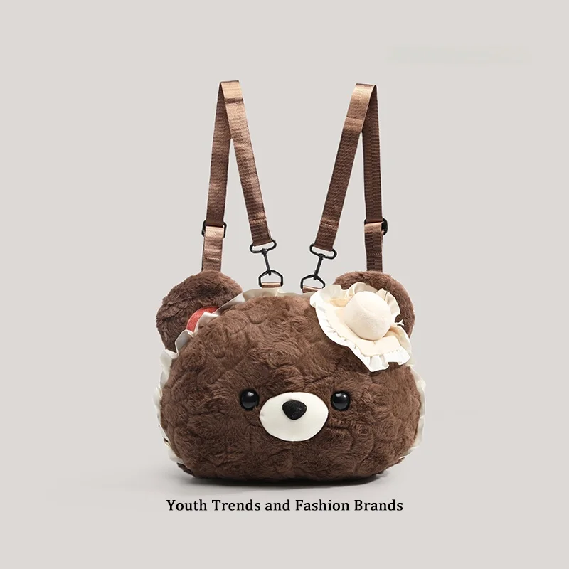 

GUMUNI Cute Bear Face Plu Doll Double oulder Women's Lolita Bapa Soft Cotton Material Zipper Closure Daily Use Bag