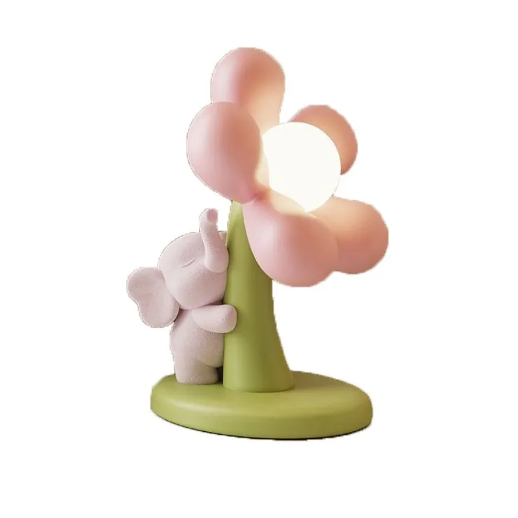 

Cute flocked elephant table lamp bedroom kids new, resin, USB, cartoon, flower, living room decoration