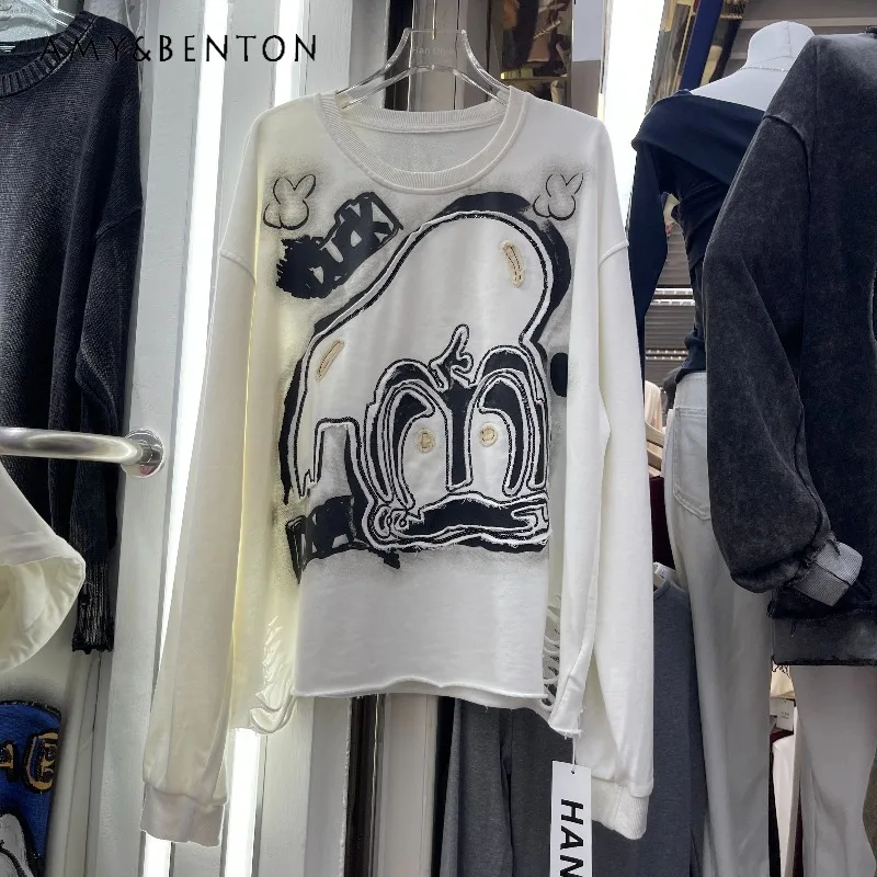 European Autumn New Kawaii Sweatshirt Heavy Industry Cool Sequin Long Sleeves Jacket Fun Printed Top Sudaderas Streetwear Women