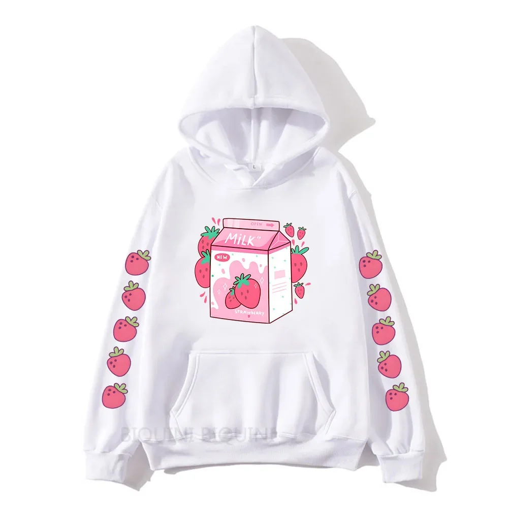 Cartoon Strawberry Milk Cute Printed Clothing Women Hoodies Plus Size Sweatshirt Aesthetic Trendy Female Winter Warm Streetwear