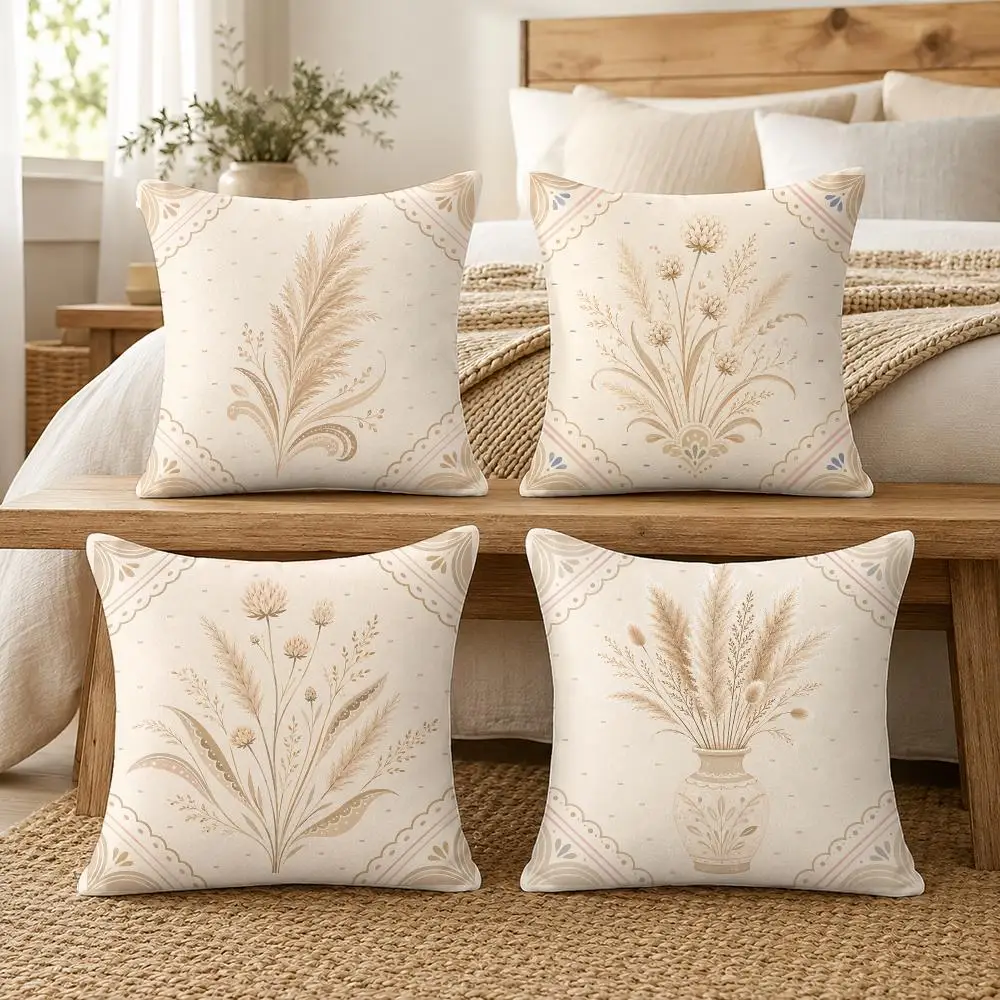 Botanical Grass Nordic Sea Beach Cushion Cover Soft Short Plush Pillow Cover Smooth Cozy Texture Cushion Case Home Decor