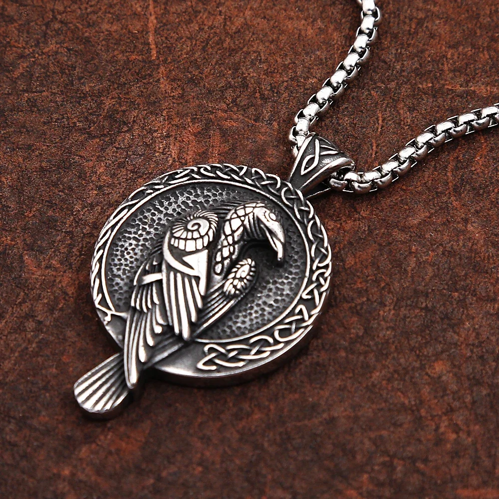 Nordic Mythology Odin Raven Viking Necklace Stainless Steel Celtic Knot Viking Rune Pendant Necklace Punk Amulet Jewelry Gift