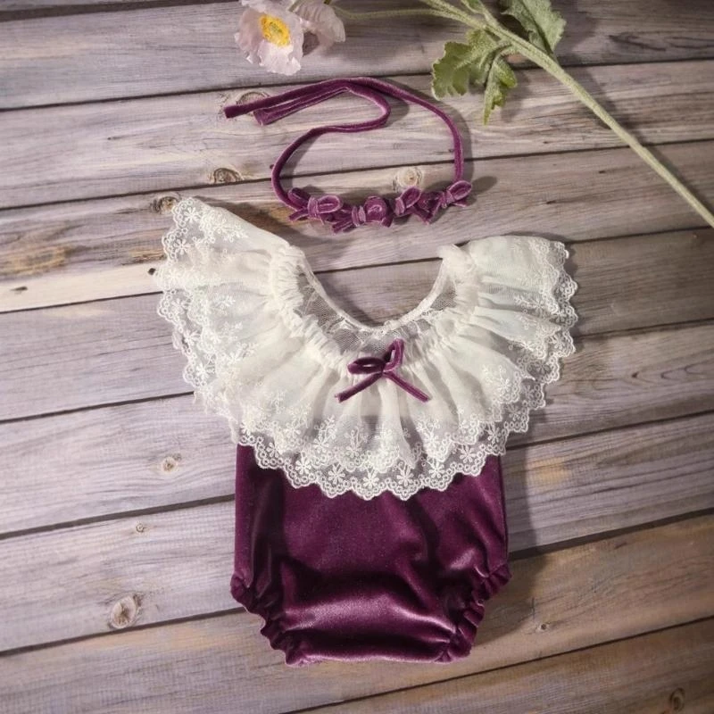 J15U مجموعة التصوير الفوتوغرافي لحديثي الولادة من الدانتيل المخملي مع ربطة رأس جميلة على شكل فيونكة لحديثي الولادة