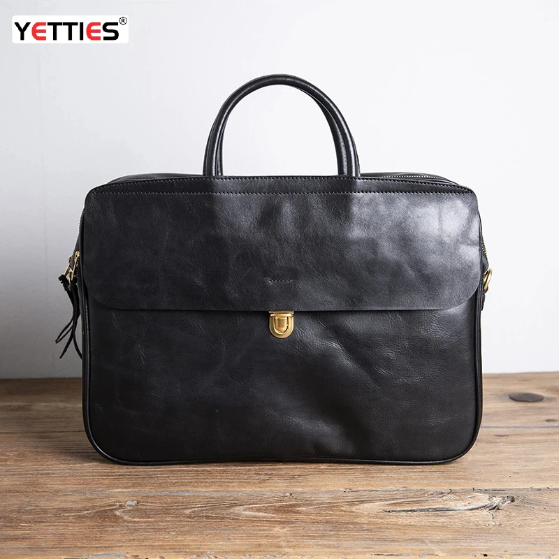 Men's Retro Japanese Genuine Leather Briefcase | Laptop Bag with Trolley Sleeve for Commute | Business Handheld Computer Bag