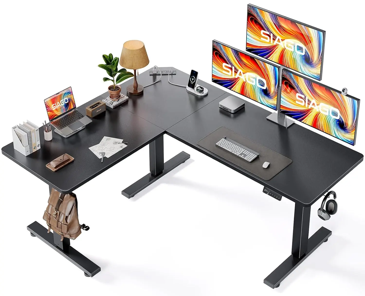 L-Shaped Standing Desk Adjustable Corner Sit Stand Table Charging Station Memory Controller 63x55 Inch Home Office, Customized
