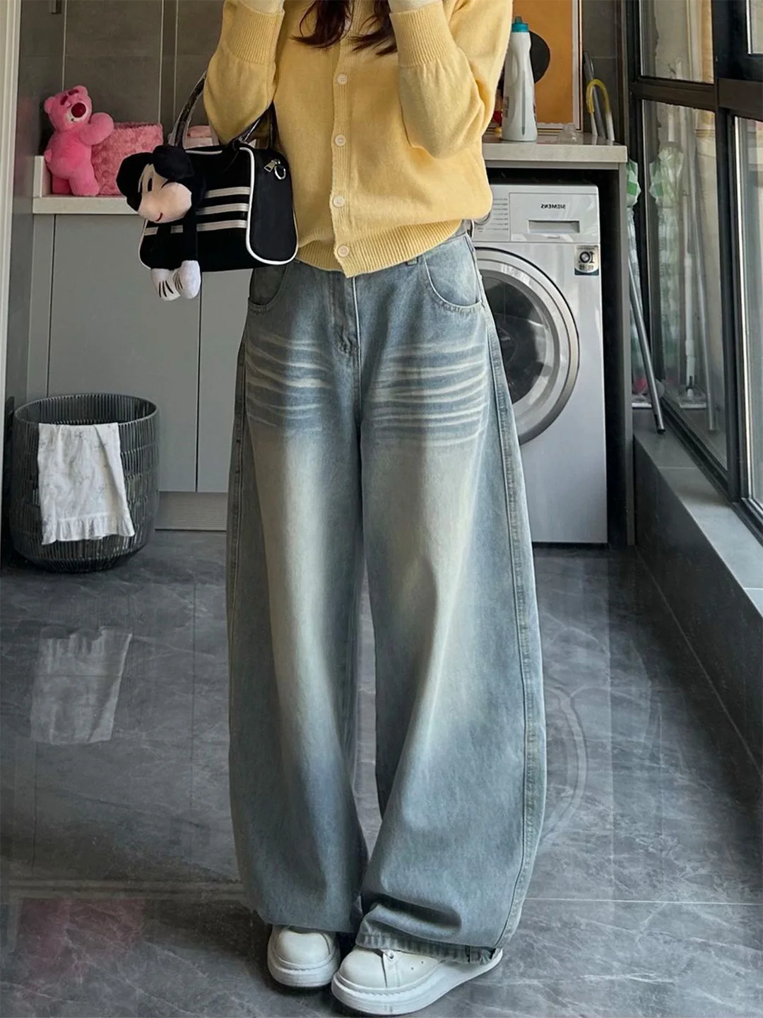 

High Waist Wide Leg Straight Cut Slimming Vintage Washed Denim Jeans Women's Lazy Style Loose Fit Summer New Arrival