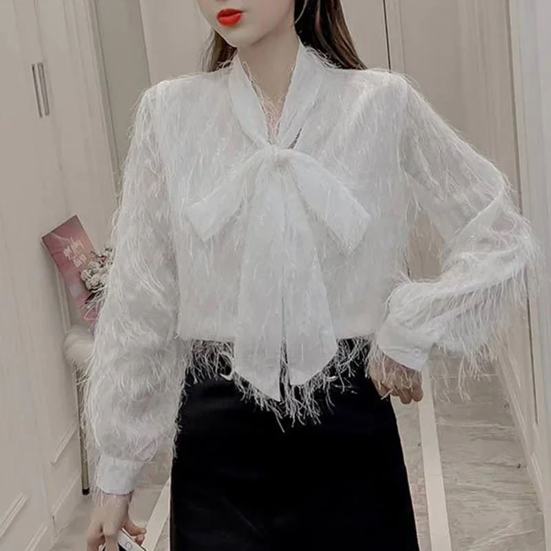 Autumn Shirt Office Lady Solid Color Chic Shirt Women Stylish Aesthetic Solid Color Drawstring Bright Silk Lantern Sleeve Top