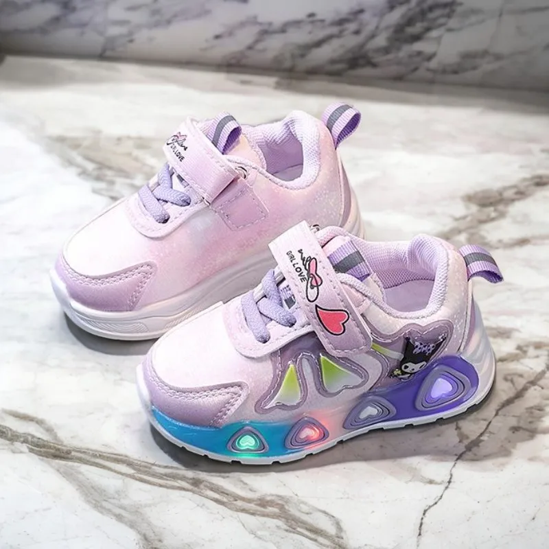

Детская обувь для девочек со светодиодной подсветкой, детские кроссовки, повседневная спортивная обувь для девочек, детская нескользящая обувь розового и фиолетового цвета с героями мультфильмов, размер 21-30