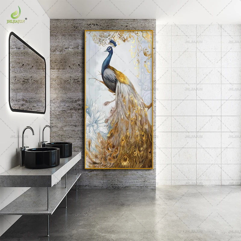 Exquisite high-end peacock entrance background crystal porcelain gold frame mural home decoration LED mural art