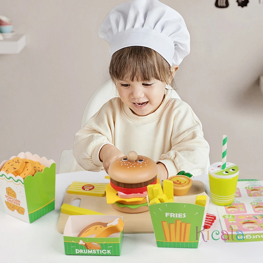 Ensemble de jeu de cuisine pour enfants, hamburger, frites, nourriture, maison de jeu, Hamburger, Sandwich, empilage, cuisine, jouet de jeu pour enfants, cadeau de noël
