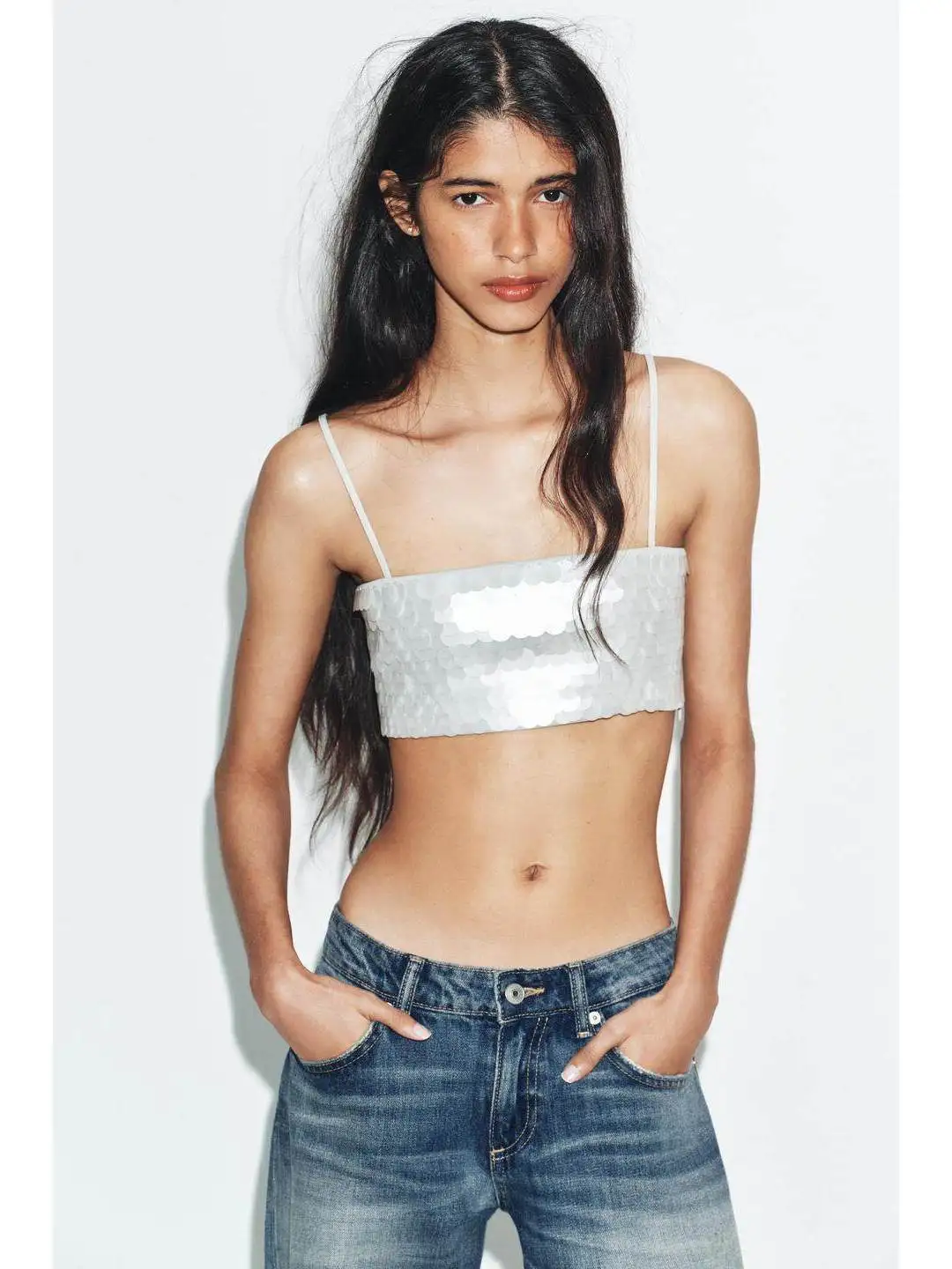 Sexy Fashion Bead Decoration Straight Collar Thin Strap Vest Top Women's Slim Fit Short Length City Walk Suitable 3D Effect