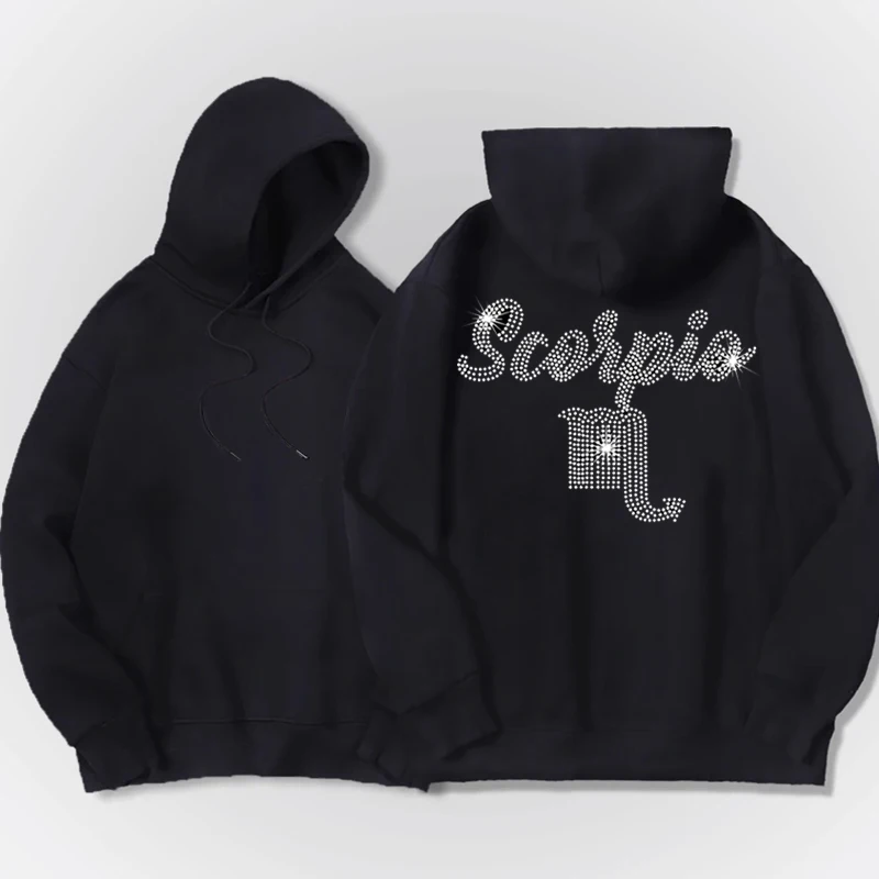 Personality Mens Loose Sweatshirt Hoodies Black Scorpio Rhinestone pocket Hoody Male Casual Tirp Jacket Unisex Pullover Clothing