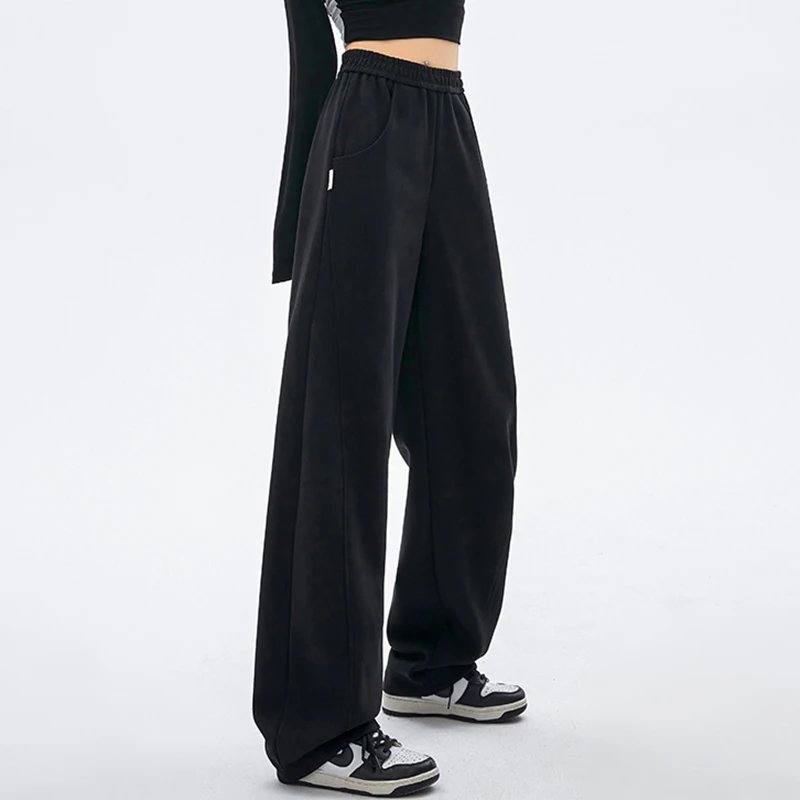 السراويل الرياضية الأمريكية مرونة الخصر للنساء الخريف الشتاء فضفاضة عالية الخصر بنطال ذو قصة أرجل واسعة امرأة جيوب الصلبة بنطلون سيدة