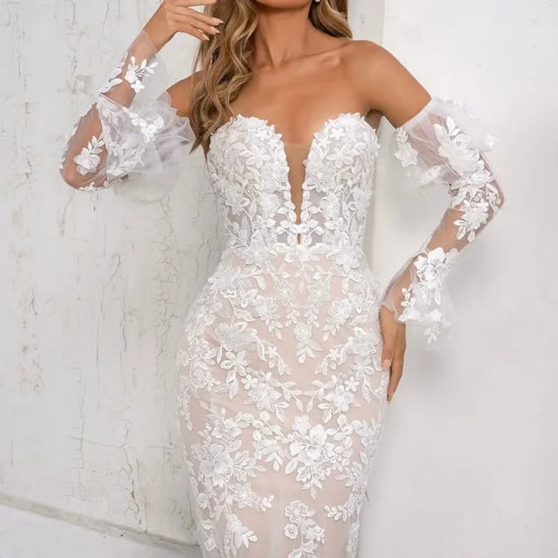 

Lace ivory white Appliques Wedding Dresses off-shoulder fishtail flower decal Long tail Bridal Gowns Made Customized