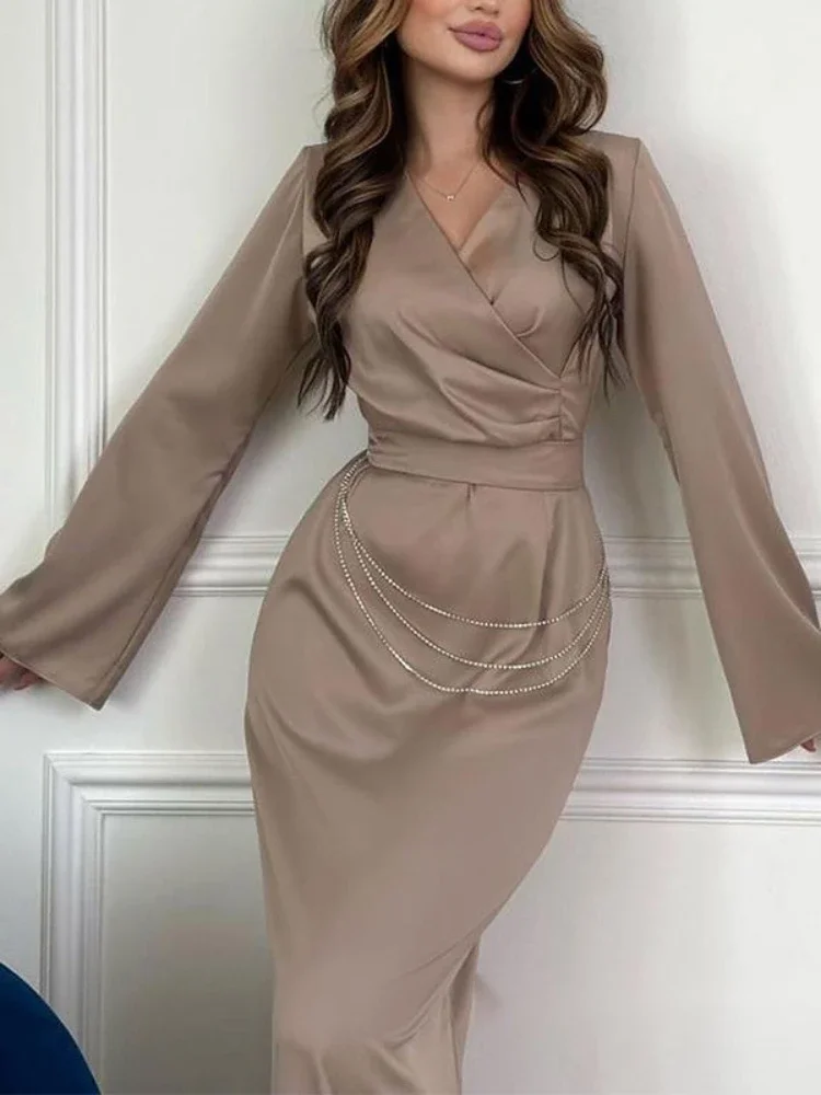 Eid women Party Dress for woman Jalabiya Satin Chains Ramadan Long Dresses Abayas Woman V Neck Robe Caftan Vestidos Largo 2024