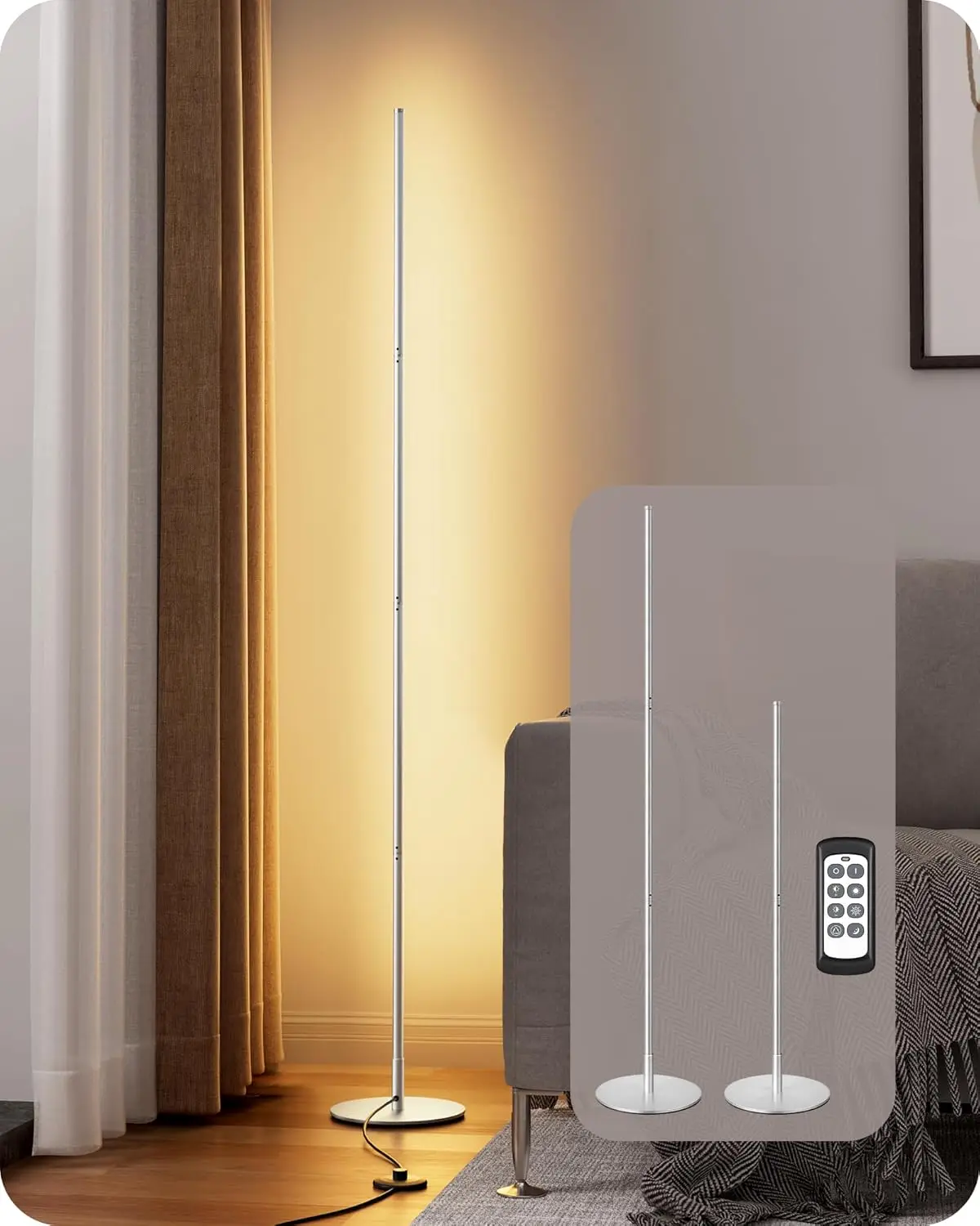 

Dimmable LED Floor Lamp with Remote, 3 Color Temperatures 3000K-4500K-6000K, Modern Silver for Living Room Bedroom Office