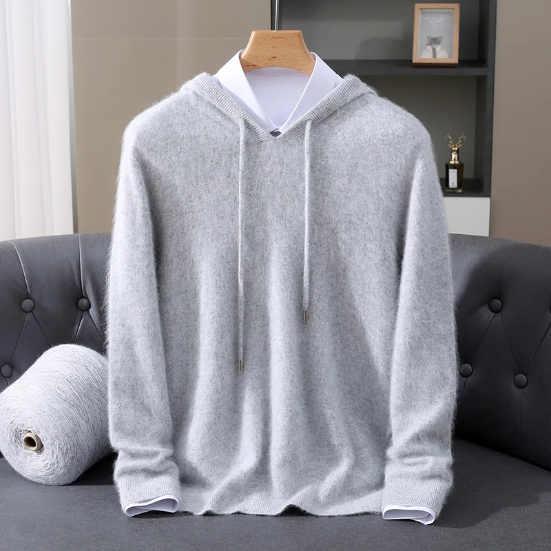 2025 Autumn Winter Hooded Collar Mink Cashmere Knitted Sweater Men's Drawstring Pullover High-End Thick Casual Sweater Loose Fit