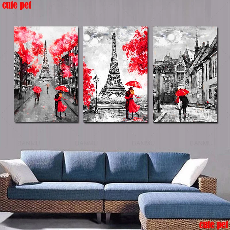 3PCS diamond painting Lovers under the Eiffel Tower Cross stitch embroidery round Square diamond mosaic wall stickers decoration