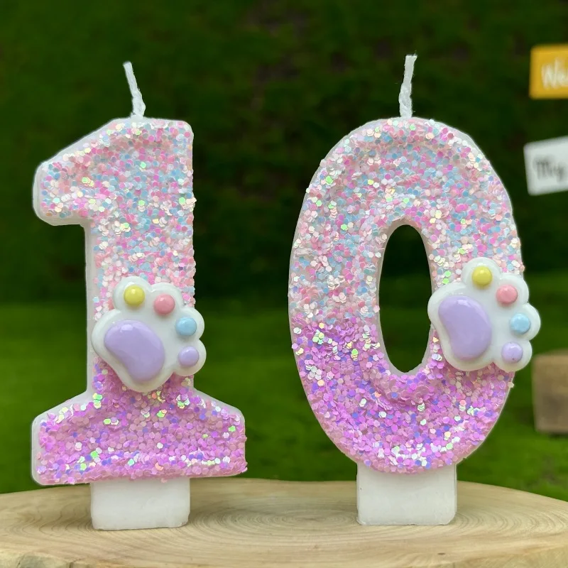 1PC Glitter Number Birthday Candle With Cat Paw Decoration Creative Cake Topper For Party Celebration Party Number Candles