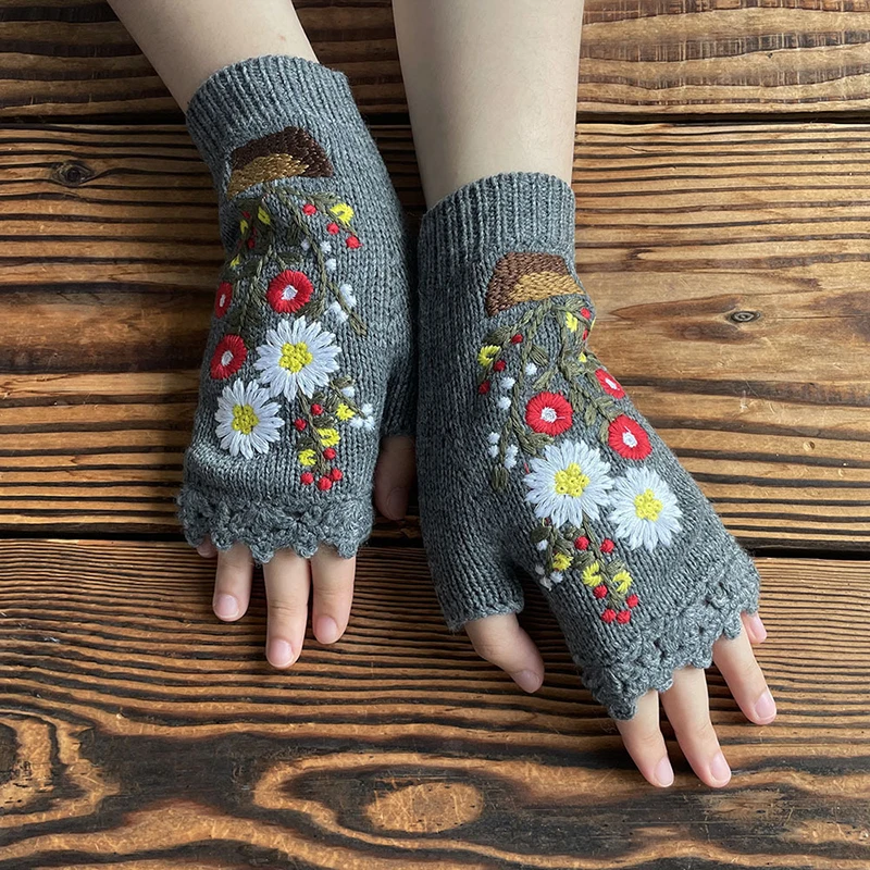 

Fashion Womens Fingerless Floral Winter Woolen Gloves Mushroom Embroidered Gloves Knitted Handmade Embroidery Gloves