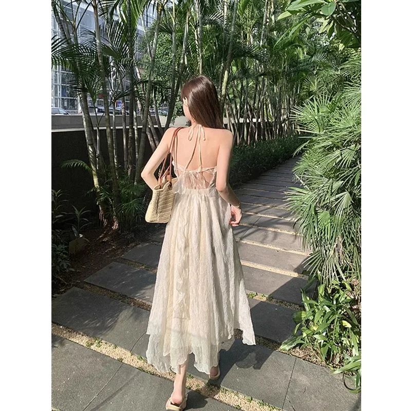 Seaside Vacation Backless Hanging Neck Sling Dress Women Sanya Tourism Wear Photo Very Fairy Immortal Beach Skirt