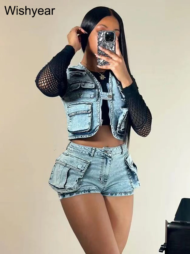 Sexy Stretch Denim Pockets Sleeveless Vest Jackets Crop Tops and Shorts Jeans Women Two 2 Piece Set Birthday Club Beach Outfits