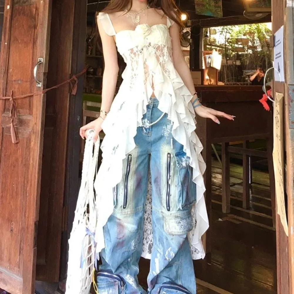 

Off-shoulder Lace Flower Tassel Camisole Transparent Beachwear Mesh Ribbon Dress Sweet Ruffled Edge Sleeveless Top Women Party