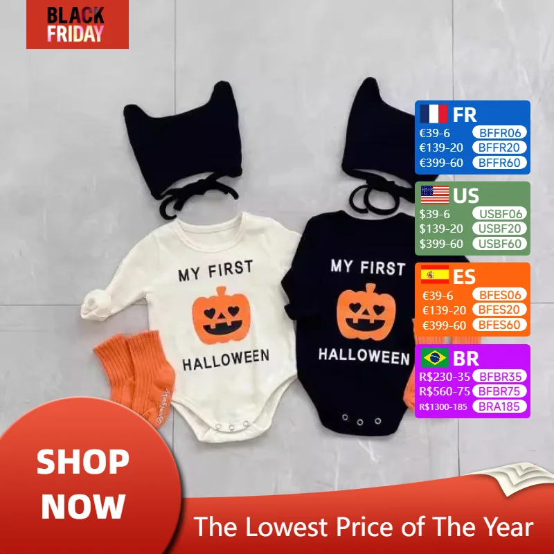 2024 Autumn Korean Baby Jumpsuit Set Ins Cartoon Pumpkin Print Baby Hoodie Halloween Festival Boys Girls Baby Romper Outfits