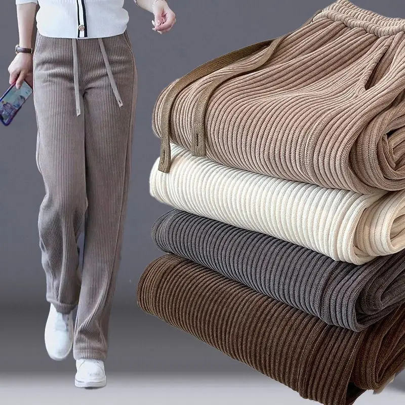 Women's 2024 New Highend Straight Trousers Spring And Autumn Edition Plush Western-style Wide Leg Sweat Corduroy Pants For Women