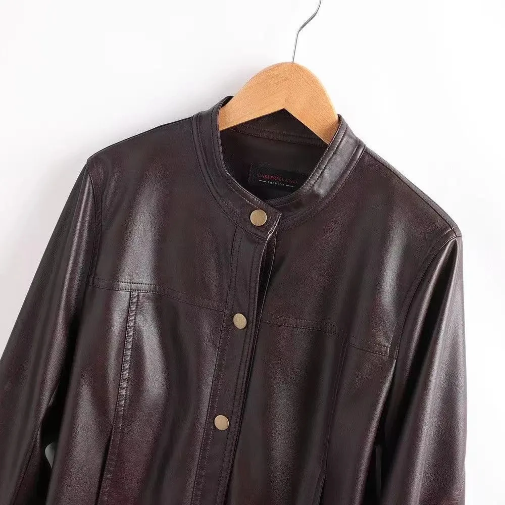 高品質レザージャケット レディース ショート丈 春秋 2025 新作 レザーコート ママファッション アウター ラウンドネック レディース オーバーウェア トップス