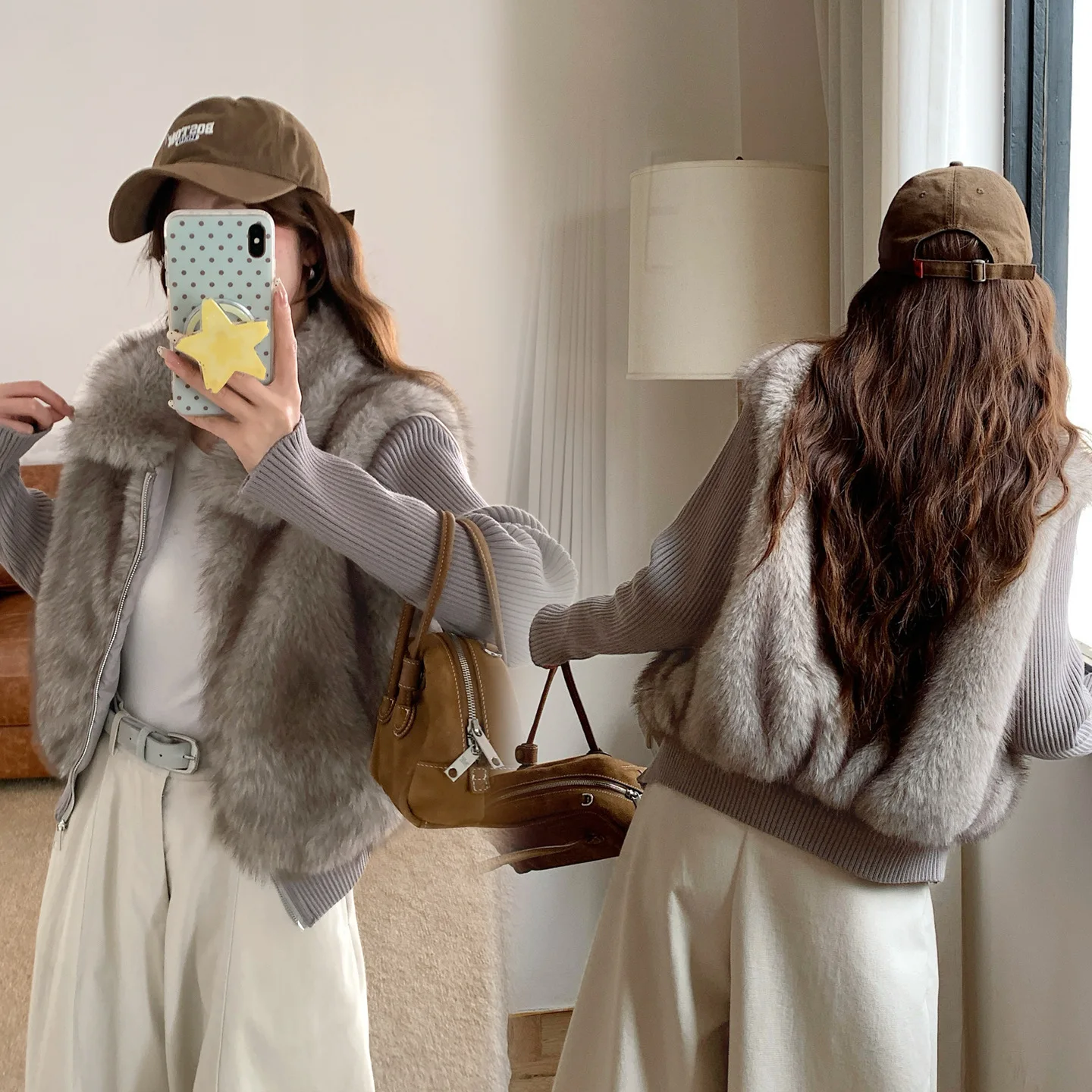 Autumn Winter Women Imitation Fur Jacket 2026 New Lapel Splicing Knitted Sleeve Zipper Coat Removable Vest Female Tops Outerwear