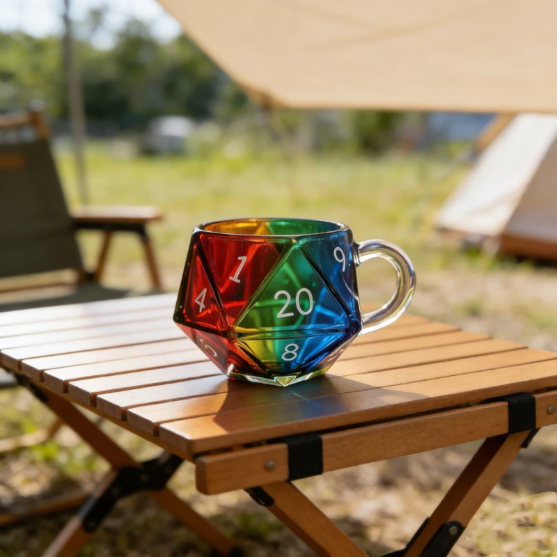 Iridescent D20 Dice Glass Mug - Clear Geometric Coffee Cup with Numbers, Novelty RPG Themed Drinkware
