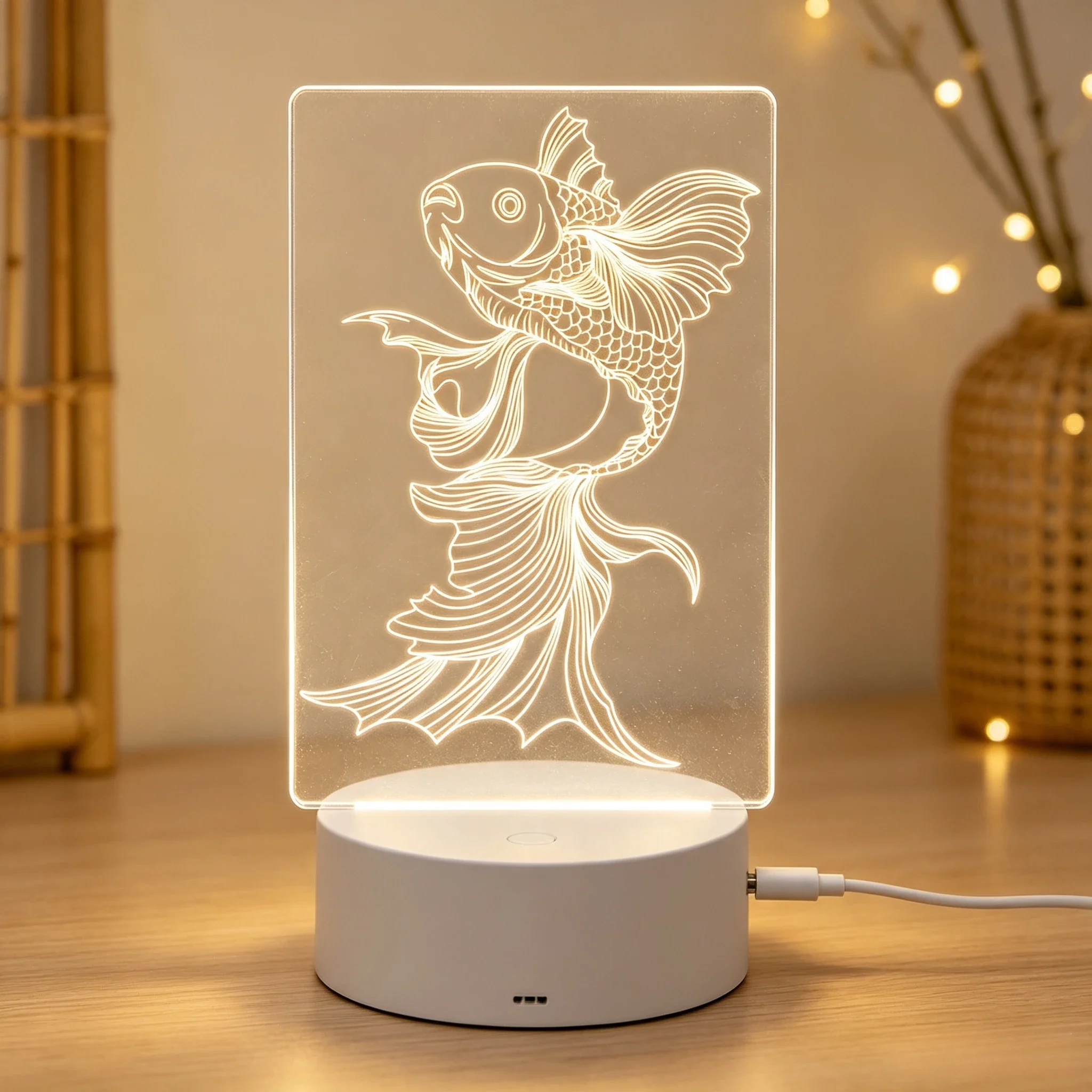 Chinese Style Line Art Koi Fish Acrylic 3D LED Night Light,Traditional Lucky Koi Fish Line Drawing 3D Acrylic Night Lamp Gift