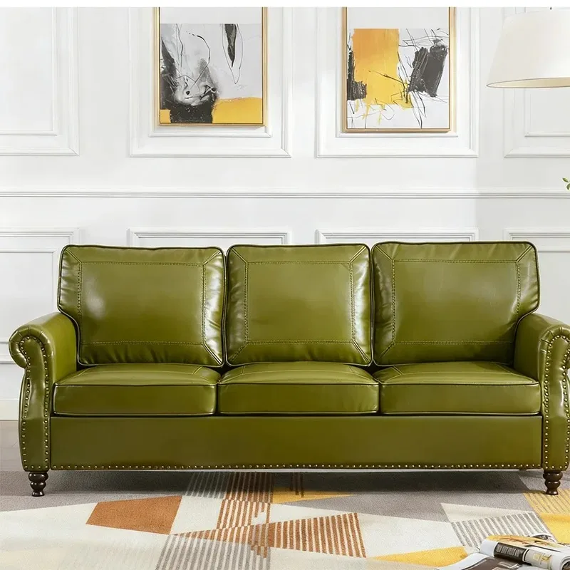

# Vintage Traditional Timeless Square Synthetic Vegan Leather Scroll Arm Sofa for 3 with Brass Nail Accent