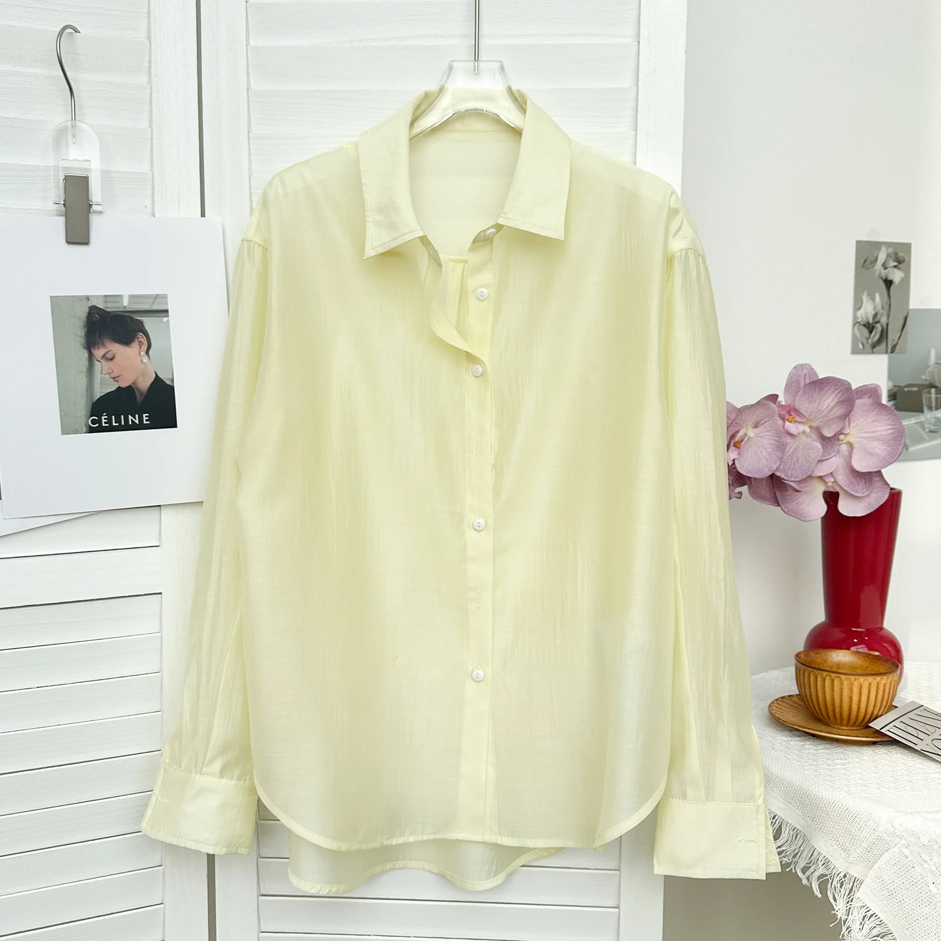 Lazy Women Blouse 2024 Spring Summer Thin See Through Long-sleeved Fake Silk Tencel Shirts Women's Top Elegant Blusa Feminina