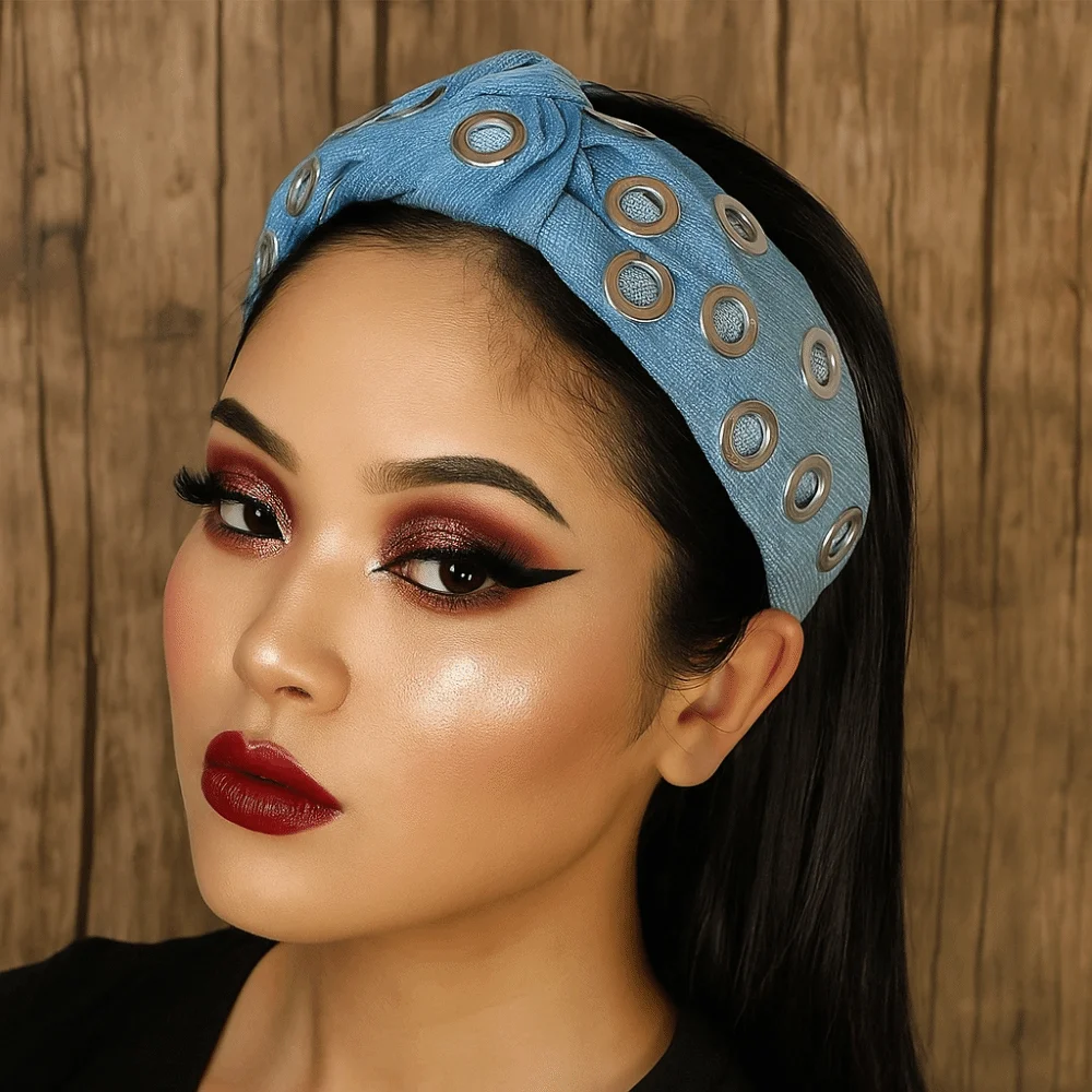 

Hair Accessories Y2K Denim Headband Metal Personalized Punk Hairband Wide Steampunk Hollowed Out Eyelets Headband Women