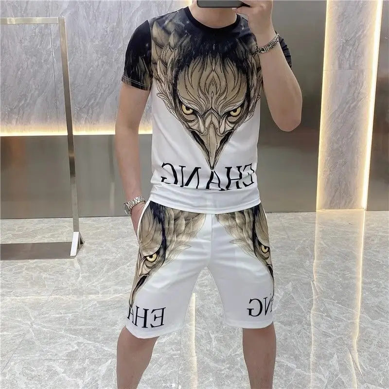 

Men's Clothing Summer Short-sleeved T-shirt Shorts Two-piece Set Trendy Men's Hot Drilling Printed Handsome Casual suit