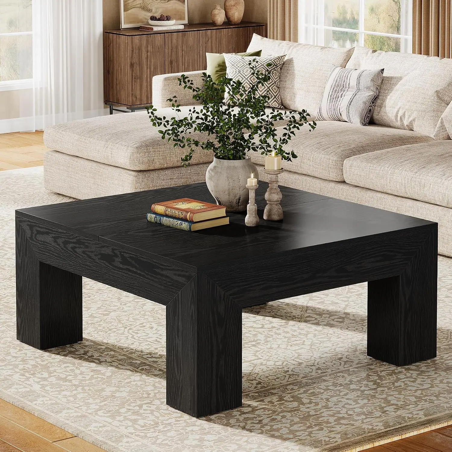 Square Coffee Table Farmhouse Accent Center Table with Wooden Legs Easy Assembly MDF Black, Customized