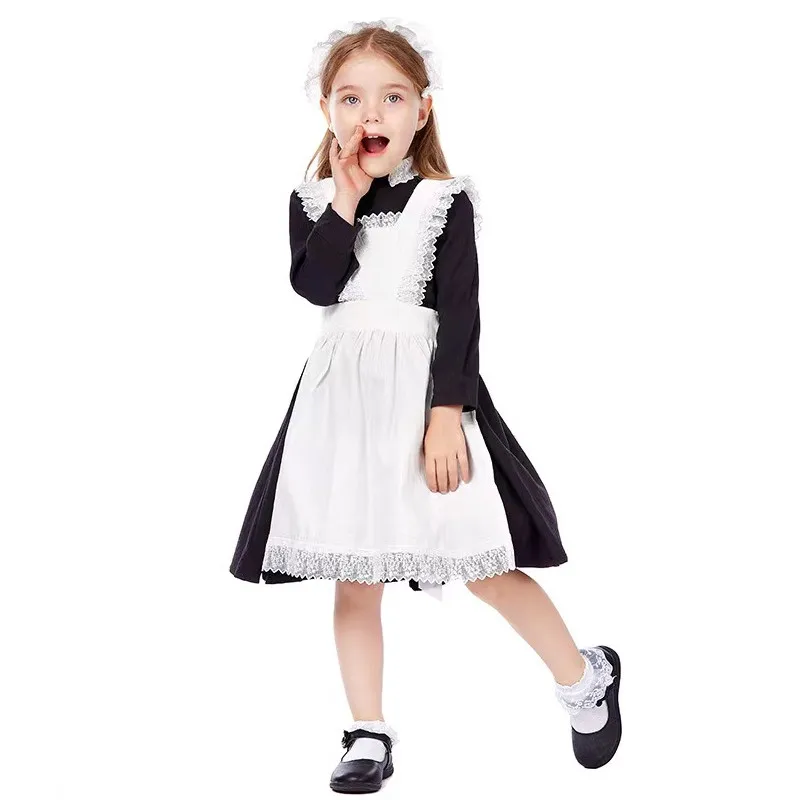 Lovely British Style Girls Halloween Maid Costumes Kids Children Housekeeper Cosplay Carnival Purim Role Play Show Party Dress