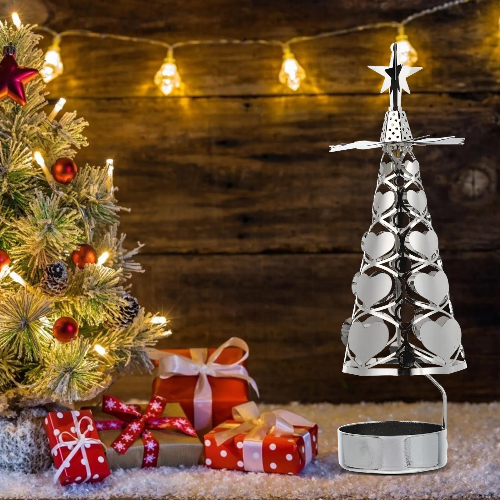 

Christmas Tree Shape C Set Gold Sticks Wrought Iron Xmas Theme Party Decor Rotatable Holder Stable Table Placement C