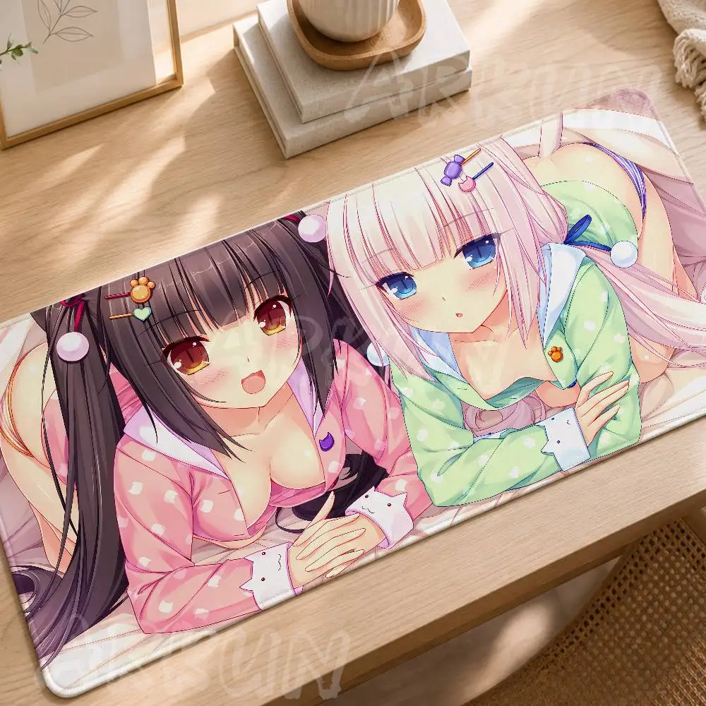 Hot Cute Neko Girls Anime Gaming Mouse Pad, Colorful Cat‑Ear Girls Group Pattern Non‑Slip Rubber Desk Mat