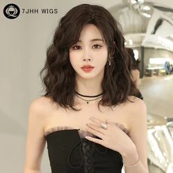 7JHH WIGS High Density Synthetic Middle Part Dark Brown Wig for Women Daily Short Wavy Bob Wigs with Curtain Bangs Glueless Wig