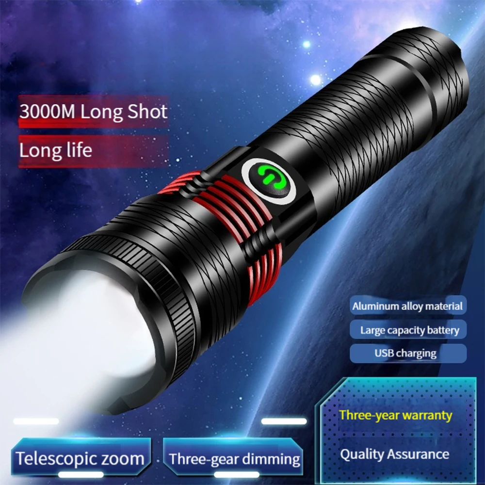 Powerful LED Flashlight USB Rechargeable Distant Light Torch Super Bright Outdoor Zoom Lamp Camping Lantern Use 18650 Battery