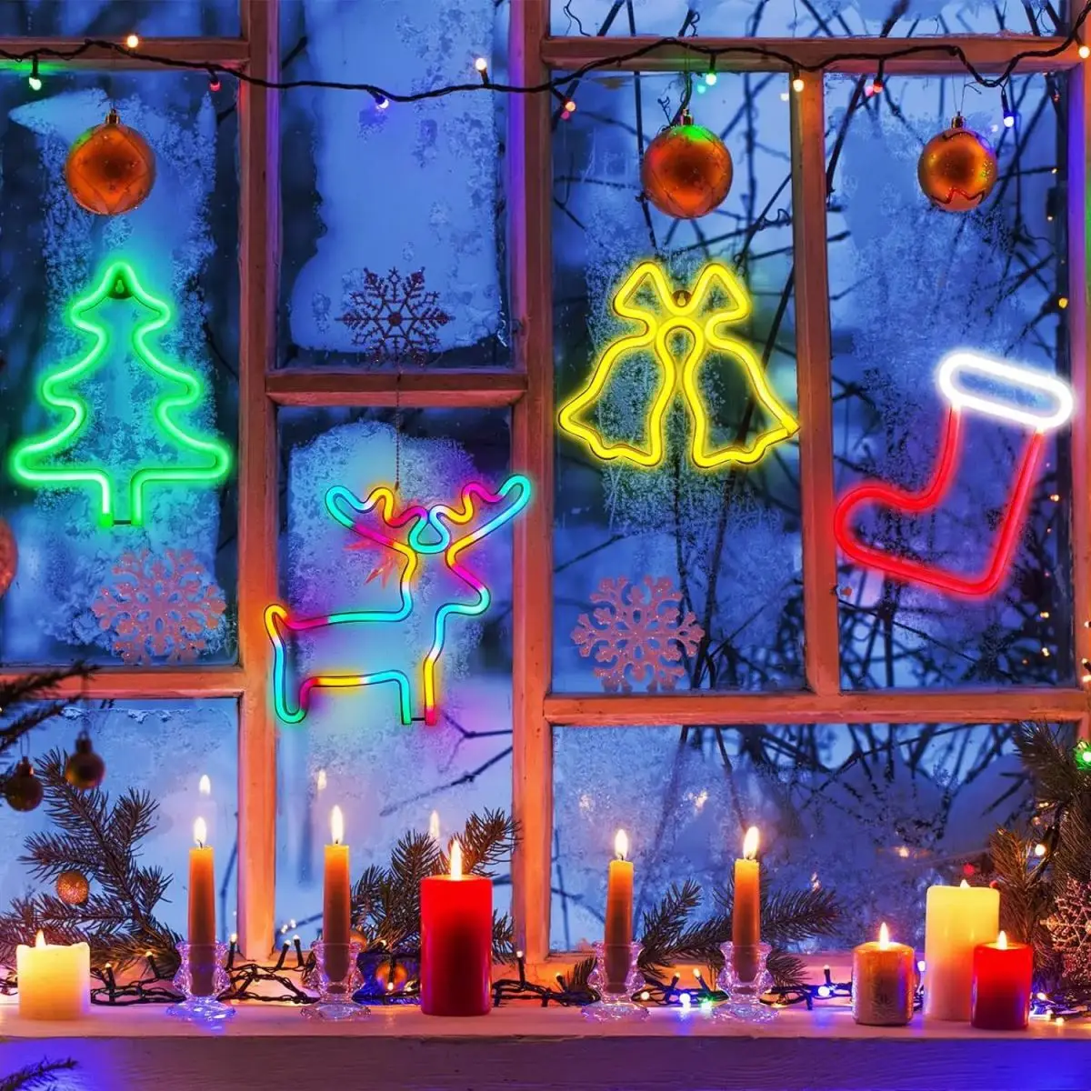 1pc Christmas Tree Neon Sign Light With Elk & Christmas Sock & Christmas Tree For Outdoor Garland Garden Windows Curtain Decor