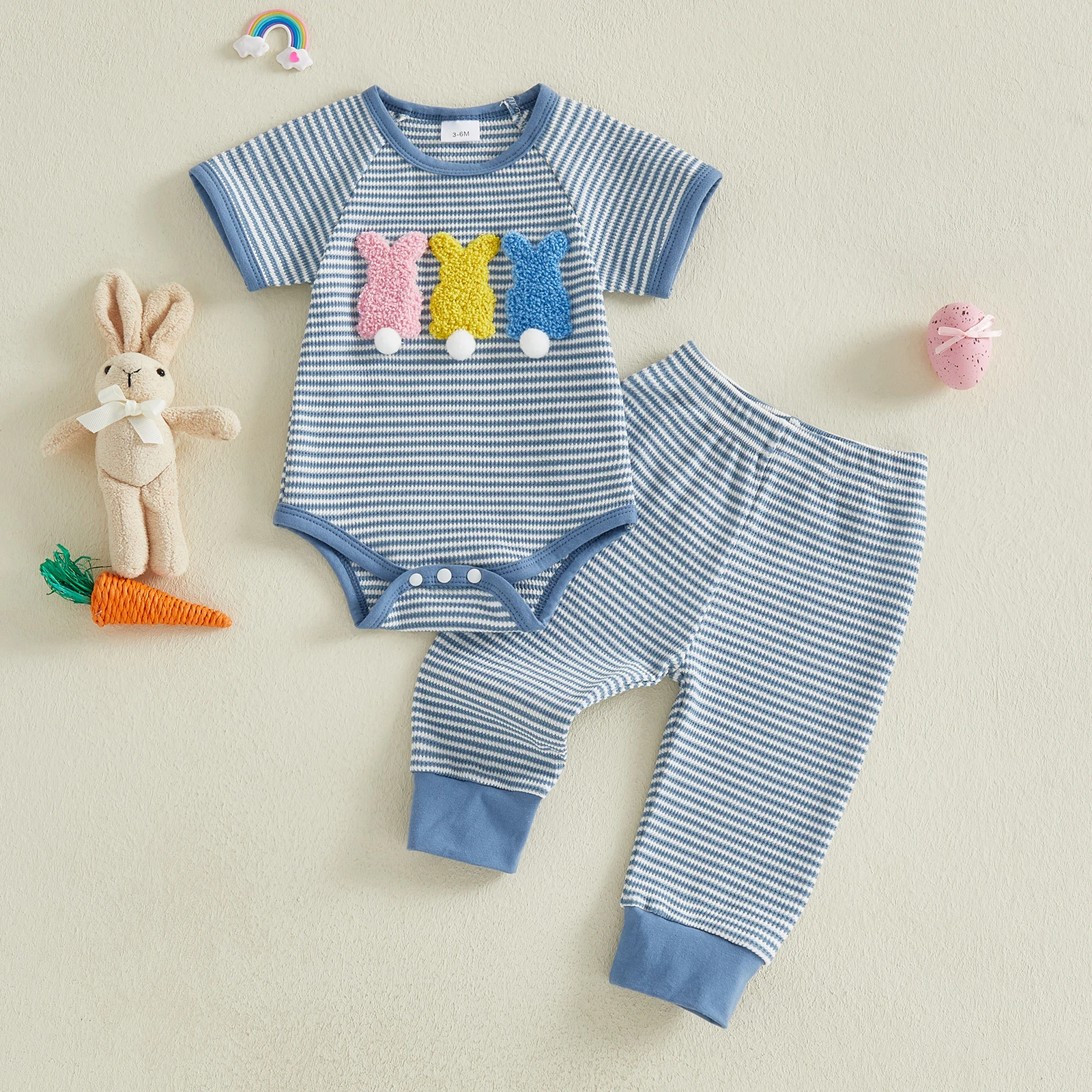 Baby Boys Girls Summer Outfit Short Sleeve Embroidery Carrot Rabbit Romper with Striped Pants 2-piece Outfit Easter Clothes view 4